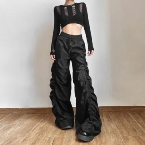 Micas Pants - Y2k Kpopstyle Style Gathered‎ Drawstring Wide Leg Cargo Pants Size M